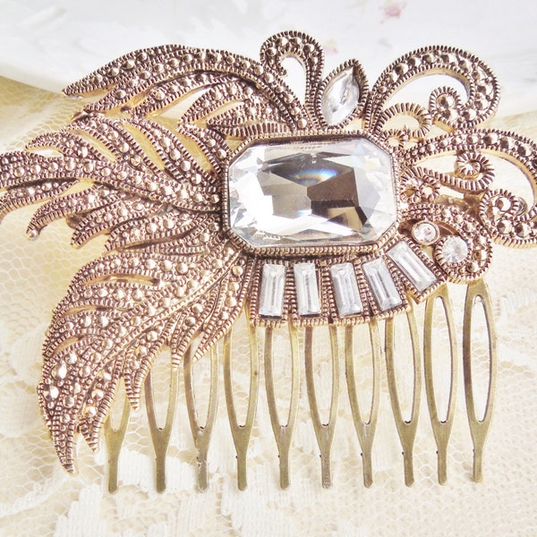 Bridal Rhinestone Hair Comb, Vintage Brooch Comb,Repurposed Glass & Brass,Gold,Crystal, Bridal, Weddings, Shabby Chic