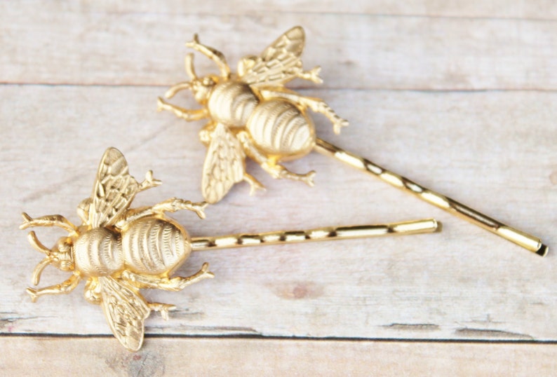 Brass Honeybee Bobby Pins,Set of Two,Highly Detailed,Golden Bee Hair Pins,Bridal,Whimsical,Shabbby Chic,Outdoor Wedding,Bridal Hair Pins image 4