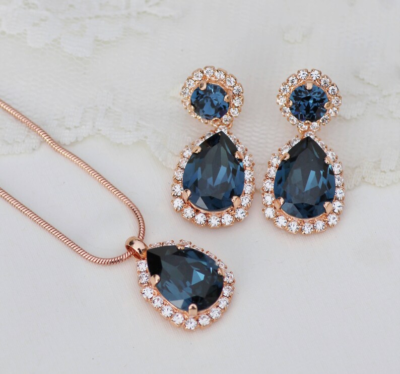 Sapphire Navy Blue ROSE GOLD Bridal Halo Set,Matching Necklace /& Earring Set,Halo Pear Teardrop,Swarovksi Crystal,Weddings,Gift Set,Womens