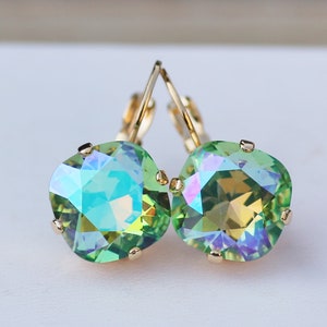 LIMITED Peridot Glacier Blue Cushion Earring,Swarovski Crystal Rhinestone Earring,Rounded Square,Gold Drop Earring,Bridal Bride,Gift image 6