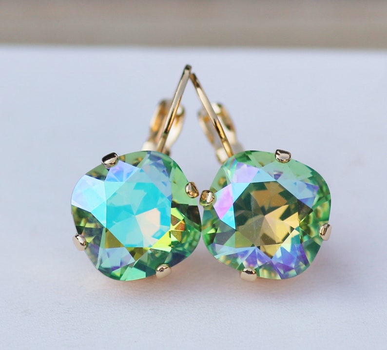 LIMITED Peridot Glacier Blue Cushion Earring,Swarovski Crystal Rhinestone Earring,Rounded Square,Gold Drop Earring,Bridal Bride,Gift image 6