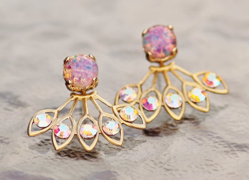 GORGEOUS Vintage Pink Fire Opal Earring Jacket,Pink Rainbow Opal /& Crystal AB Rhinestone Earring,Stud Post,Ear Jacket,Harelquin Opal,Unique