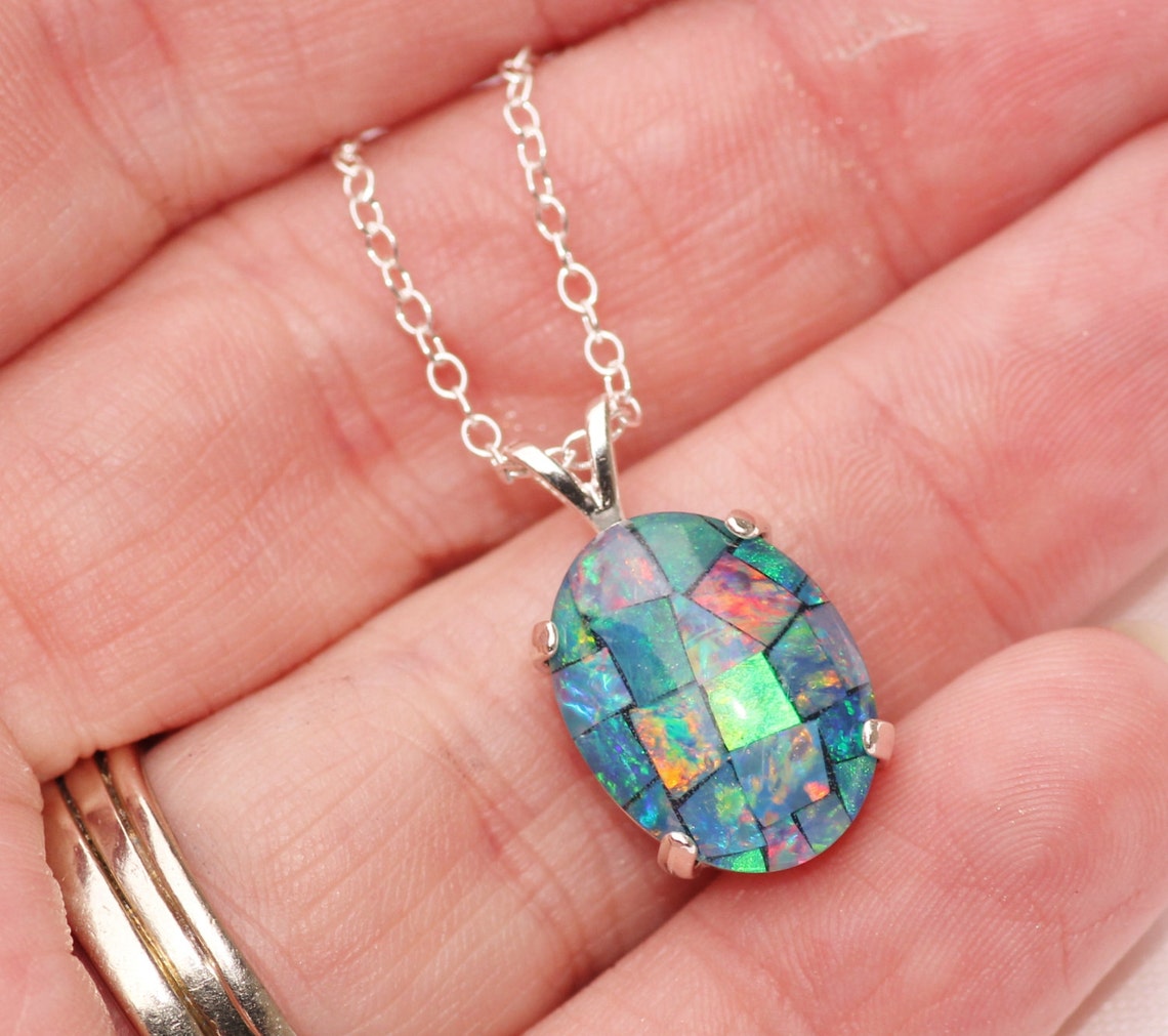 GENUINE Australian Opal NecklaceSterling Silver Mosaic Opal Etsy