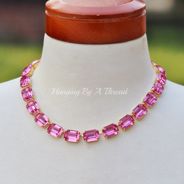 LIMITED Swarovski Rose Crystal Octagon Necklace,Large Rectangle Tennis Necklace,Bright Rose Fuchsia Pink,Anna Wintour,Statement,Gold,Layer