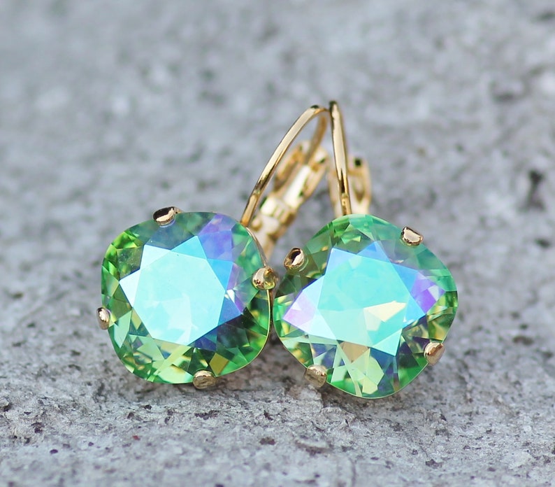 LIMITED Peridot Glacier Blue Cushion Earring,Swarovski Crystal Rhinestone Earring,Rounded Square,Gold Drop Earring,Bridal Bride,Gift image 5