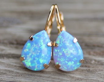 RARE Sky Blue Lab Opal Drop Earrings,Pastel Blue Australian Opal Pear Teardrop,Choose Finish,Small Petite Leverback,October Birthstone