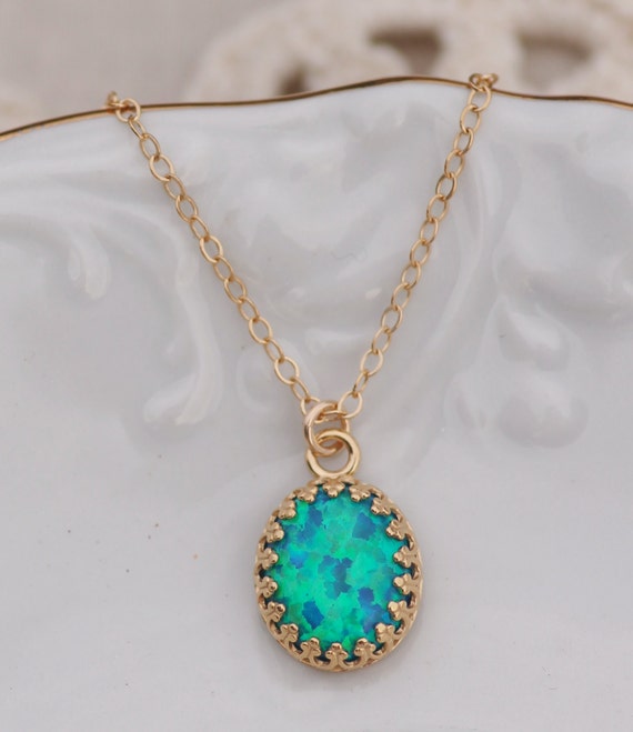 希少なアクアピーコックブルーグリーンオパールネックレス、14K