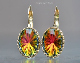 LIMITED STOCK Rare Vintage Sahara Swarovski Earrings,Starburst Oval Cut,Green Yellow Rainbow Earrings,Crown Set,Gold Lever Back,West German