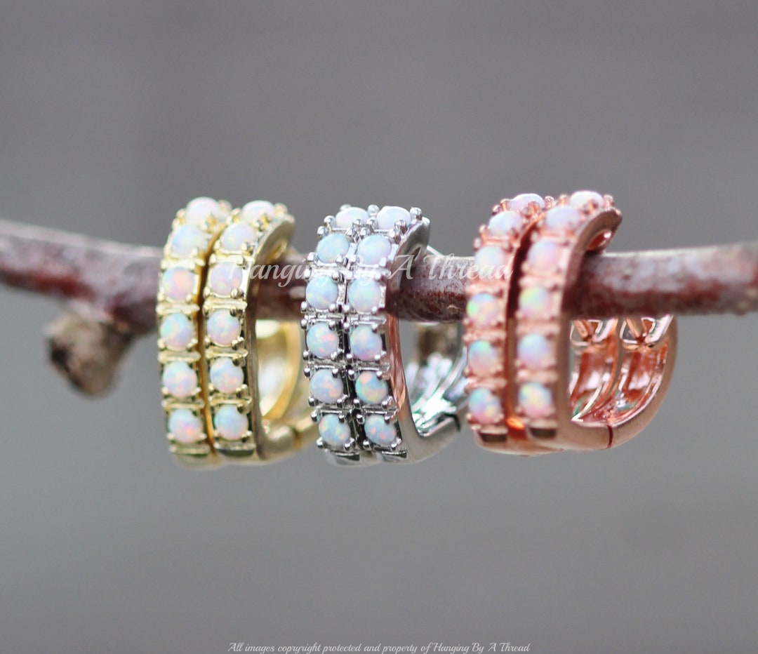 Orecchini A Cerchio Cuore Con Opale E Zirconia - Placcato Oro Rosa 14K, Ipoallergenici