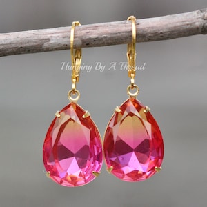 Pendientes únicos de cristal Givre rosa y naranja, rosa fucsia brillante, grandes pendientes de cristal naranja y rosa, cierre de palanca, dorados, únicos