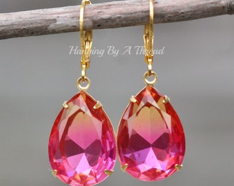 Unique Pink Orange Givre Crystal Earrings,Fuchsia Birght Pink,Large Orange Pink,Two Tone Crystal Earrings,Lever Back,Gold,Unique