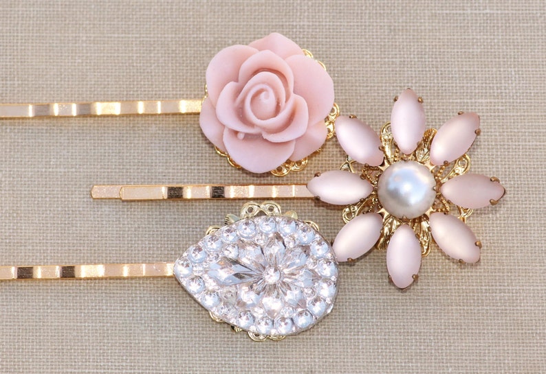 Genuine Vintage Blush Pastel Pink Bridal Bobby Pin Trio,Set of Three Gold Filigree Hair Pins,Pastel Blush Pink,Blush,Bridal,Wedding
