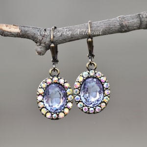 LAST PAIR Alexandrite Purple Crystal Halo Earrings,Crystal AB Crystal Drop,Aurora Borealis,Pastel Rainbow,Lavender,Lilac,Pale Puple,Bronze