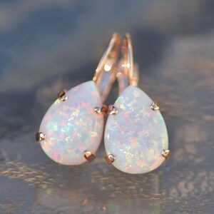 ROSE GOLD Lab Opal Drop Earrings,white Australian Opal Pear Teardrop ...