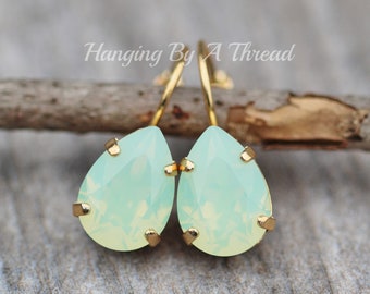 ALMOST GONE Swarovski Chrysolite Opal Crystal Drop Earring,Pear Teardrop Lever Back, Mint Green Opal,Gold Dangle,Small Dainty,Gift For Her