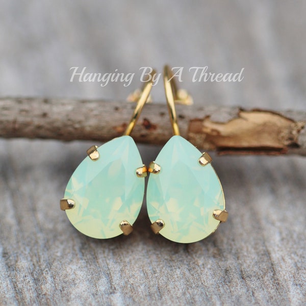 ALMOST GONE Swarovski Chrysolite Opal Crystal Drop Earring,Pear Teardrop Lever Back, Mint Green Opal,Gold Dangle,Small Dainty,Gift For Her