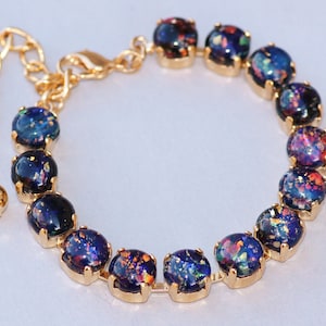 RARE Vintage German Black Rainbow Opal Bracelet,Black Fire Opal,Glass Opal Tennis Bracelet,Rhinestone Bracelet,Vintage Brass Chain,Unique
