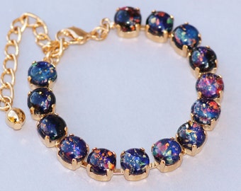 RARE Vintage German Black Rainbow Opal Bracelet,Black Fire Opal,Glass Opal Tennis Bracelet,Rhinestone Bracelet,Vintage Brass Chain,Unique