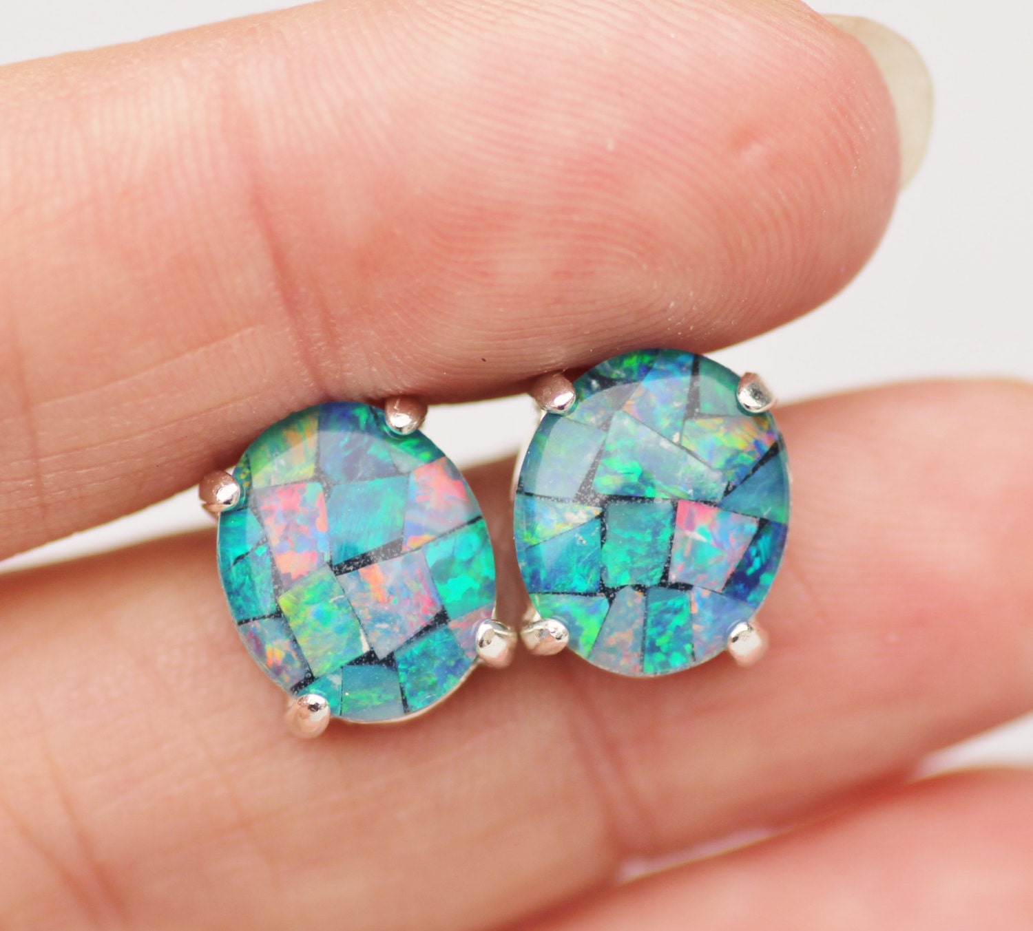 GENUINE Opal Earringsaustralian Mosaic Opal Earringssterling | Etsy