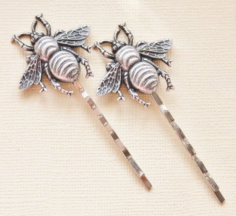 Silver Bee Hair Pins,Oxidized Silver Bee Bobby Pins,Whimsical,Woodland,Antique Silver,Nature,Sweet,Honeybee Hair Pins,Gift For Her image 3