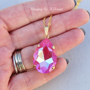 NEW COLOR Lotus Pink Large Pear Pendant,Swarovski Crystal Rhinestone Necklace,Long Layering Layer Necklace,Bright Pink,Gold,Gift,Statement image 9