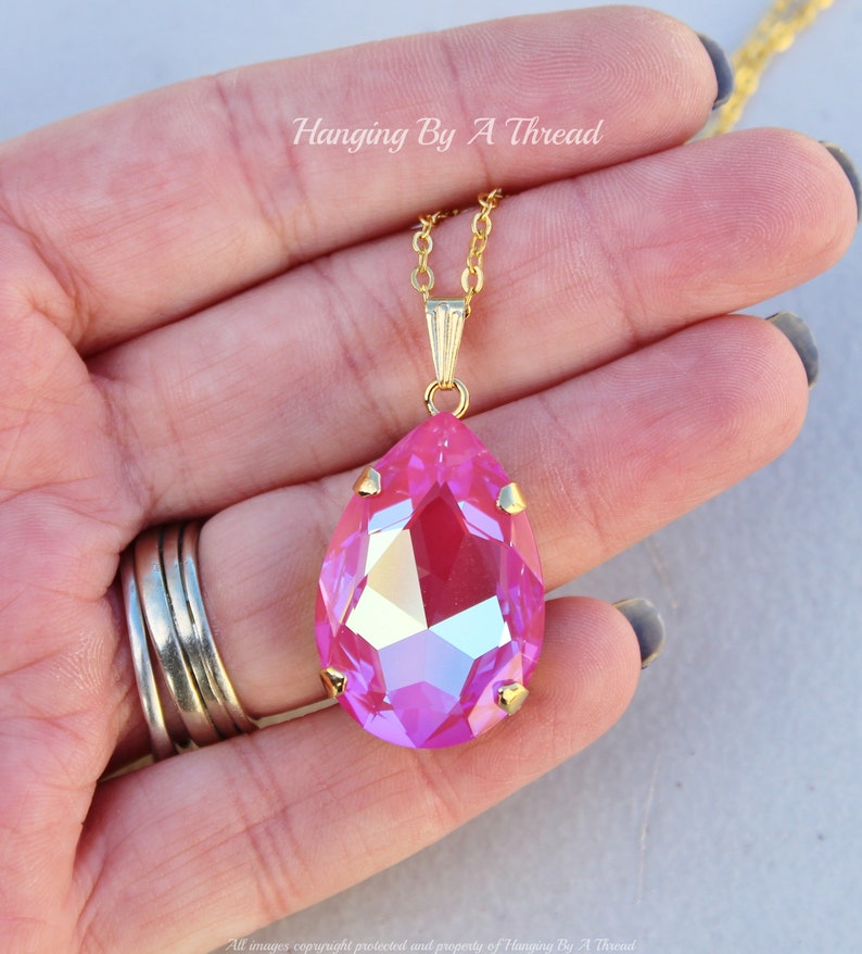 NEW COLOR Lotus Pink Large Pear Pendant,Swarovski Crystal Rhinestone Necklace,Long Layering Layer Necklace,Bright Pink,Gold,Gift,Statement image 9