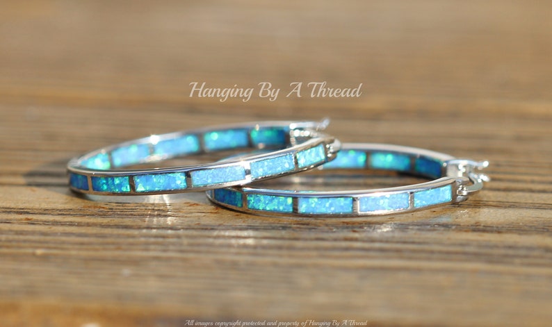 LARGE Blue Opal Silver Hoop Earrings,Lab Created Opal Endless Hoop,Silver Big Hoop Earrings,Lab Created Opal,Blue Rainbow,Silver Hoop,Gift image 8