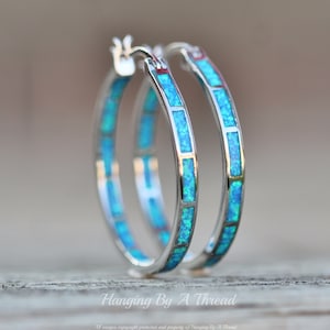 LARGE Blue Opal Silver Hoop Earrings,Lab Created Opal Endless Hoop,Silver Big Hoop Earrings,Lab Created Opal,Blue Rainbow,Silver Hoop,Gift image 9