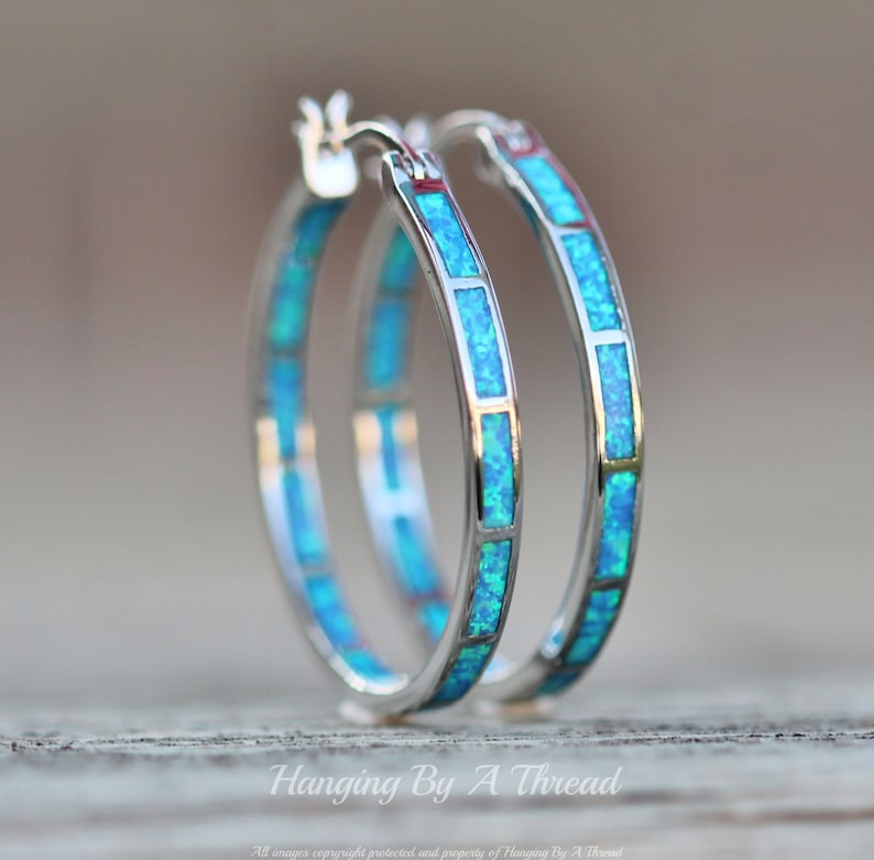 LARGE Blue Opal Silver Hoop Earrings,Lab Created Opal Endless Hoop,Silver Big Hoop Earrings,Lab Created Opal,Blue Rainbow,Silver Hoop,Gift image 9