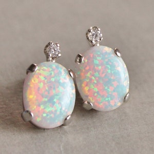 Australian Opal Gemstone Earrings,Diamond Accent Lab Created Opal Earrings,Sterling Silver Post Earrings,Fire Opal,White Opal,Birthstone image 1