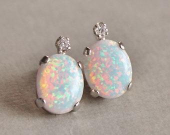 Australian Opal Gemstone Earrings,Diamond Accent Lab Created Opal Earrings,Sterling Silver Post Earrings,Fire Opal,White Opal,Birthstone
