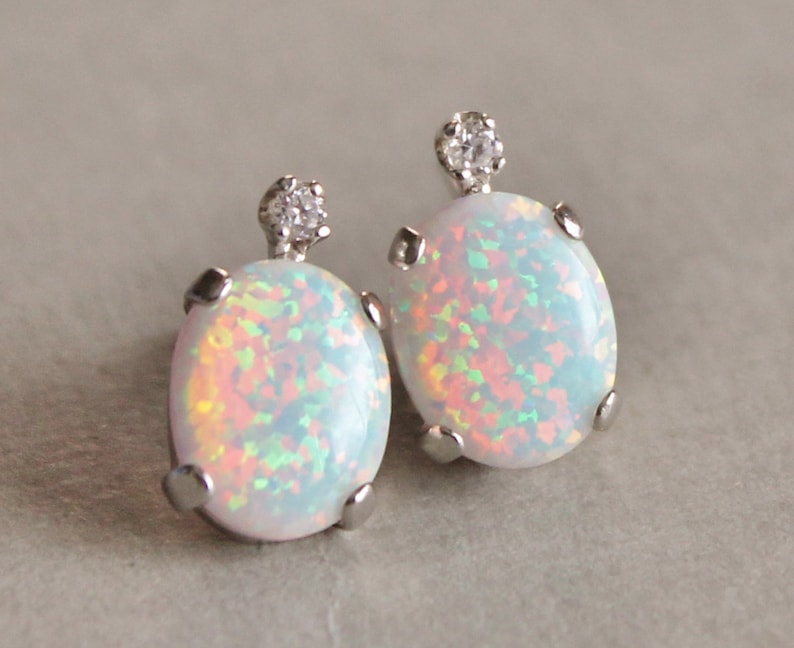 Australian Opal Gemstone Earrings,Diamond Accent Lab Created Opal Earrings,Sterling Silver Post Earrings,Fire Opal,White Opal,Birthstone image 1