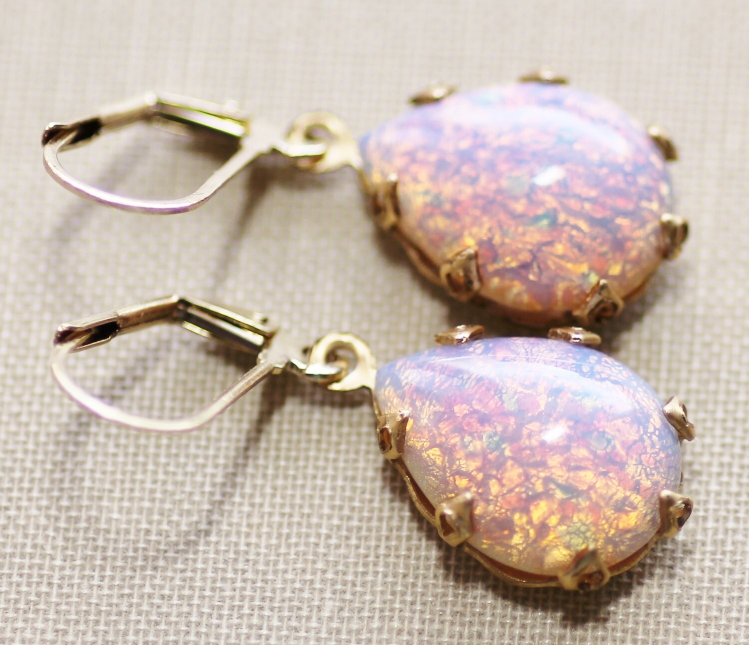 Vintage Pink Fire Opal Earringsteardropvintage Brass Crown - Etsy