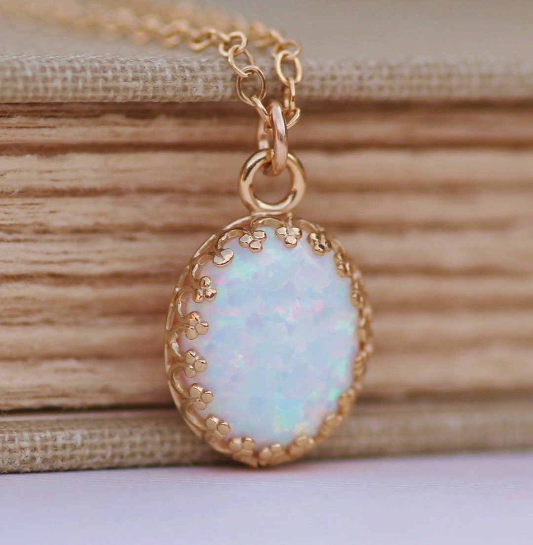 Genuine White Opal Necklacegold Crown Edge Setting Opal - Etsy