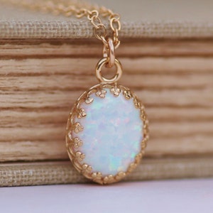 Genuine White Opal Necklace,Gold Crown Edge Setting Opal Pendant,14K Gold Filled,Gemstone Necklace,Dainty,October Birthstone,Lab Created