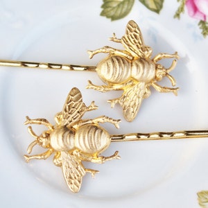 Brass Honeybee Bobby Pins,Set of Two,Highly Detailed,Golden Bee Hair Pins,Bridal,Whimsical,Shabbby Chic,Outdoor Wedding,Bridal Hair Pins image 1