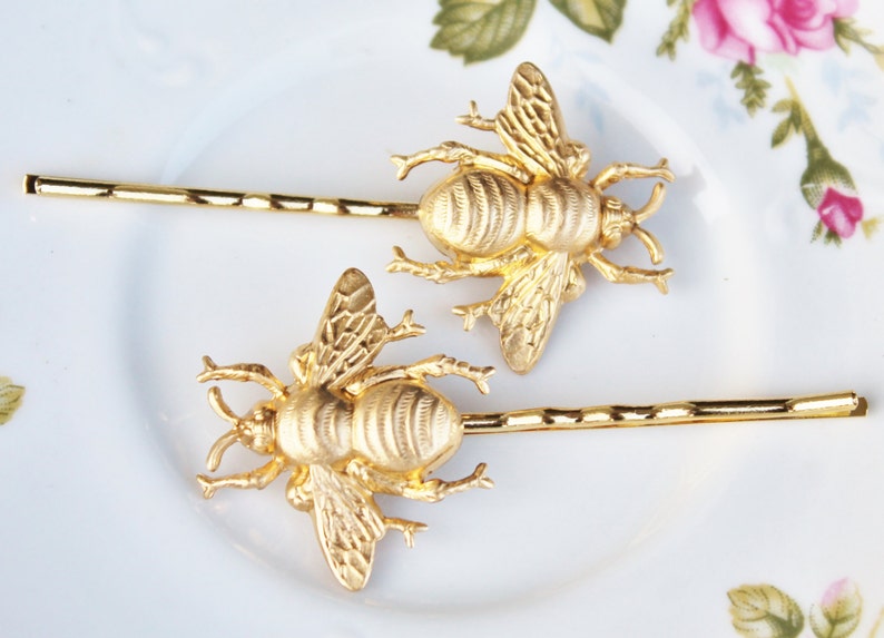 Brass Honeybee Bobby Pins,Set of Two,Highly Detailed,Golden Bee Hair Pins,Bridal,Whimsical,Shabbby Chic,Outdoor Wedding,Bridal Hair Pins image 1