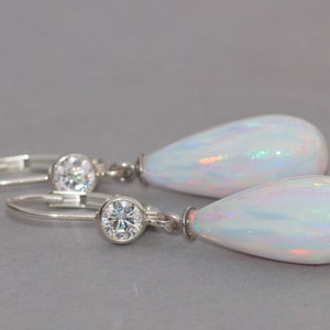 UNIQUE White Elongated Opal Drop Earrings,LONG Opal Teardrop Rhinestone Earring,Sterling Silver,Lab Created Opal,October Birthstone,Gift