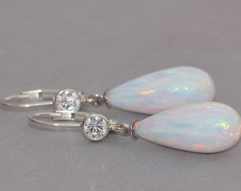 UNIQUE White Elongated Opal Drop Earrings,LONG Opal Teardrop Rhinestone Earring,Sterling Silver,Lab Created Opal,October Birthstone,Gift