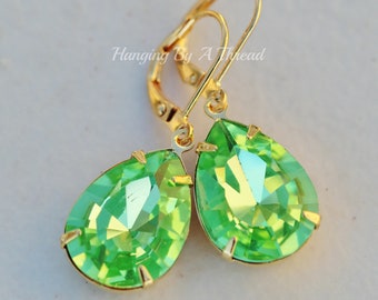 LIMITED Swarovski Peridot Pear Drop Earrings,Rivoli Starburst Cut Jewel Earrings,Dangle Drop,Spring Green Pastel Rhinestone,Gold Leverback