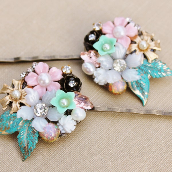 Vintage Collage Hair Pins,Set of Two,Shabby Chic,Bridal Bridesmaids,Floral Bobby Pins,TRUE Vintage Repurposed Jewelry,Pastel,Mint,Blush,OOA