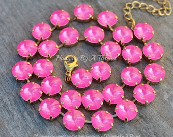 Neon Electric Pink Ignite Swarovski Crystal Rivoli Necklace,12mm Rivoli Crystal Tennis Necklace,Hot Pink,Gold Necklace,Stacking Layering