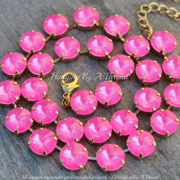 Neon Electric Pink Ignite Swarovski Crystal Rivoli Necklace,12mm Rivoli Crystal Tennis Necklace,Hot Pink,Gold Necklace,Stacking Layering