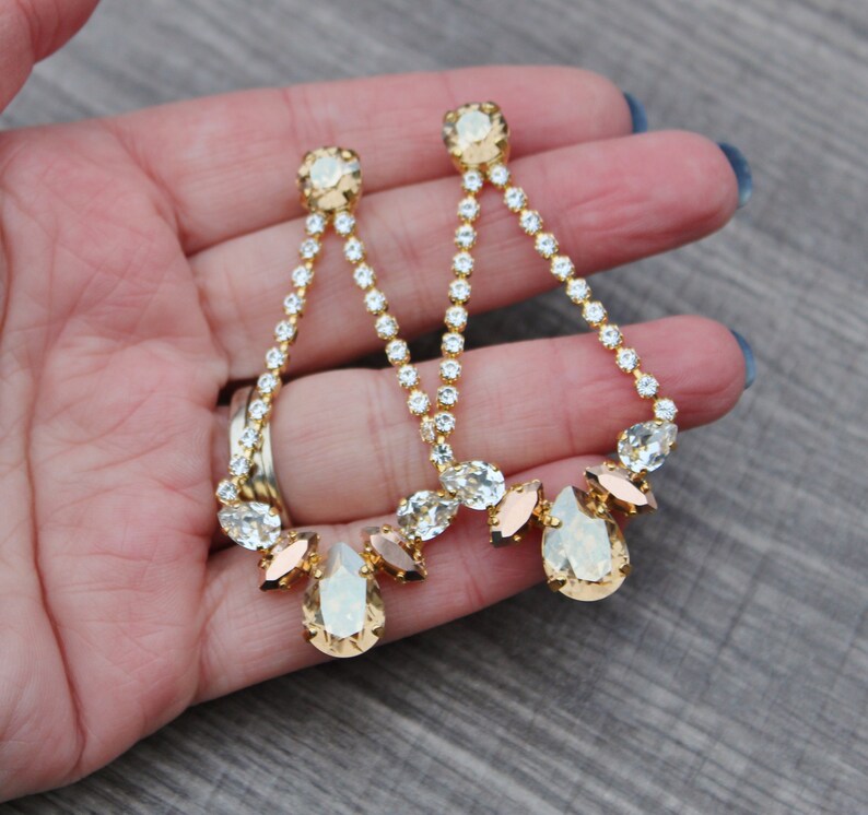 NEW Crystal Champagne Gold Long Chandelier Earrings,Rhinestone Crystal Earring,Bridal Weddings Statement,Golden Shadow,Rose Gold,Dangle