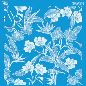 May include: A square, blue stencil with a white floral pattern. The design showcases detailed line drawings of diverse flowers and leaves. The brand name "Paku" is in the top left, and "SKU# 218" is in the top right corner.