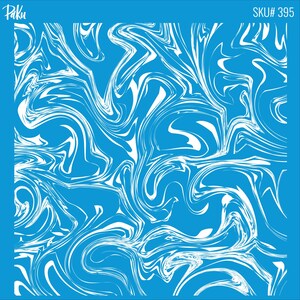 May include: A square, blue stencil featuring a white, swirling marble design. The stencil has the brand name "Paku" in the upper left corner and the SKU number "395" in the upper right corner.