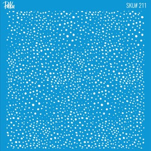 May include: A blue stencil with a pattern of white dots of varying sizes. The word "Paku" is in the upper left corner, and "SKU# 211" is in the upper right corner.