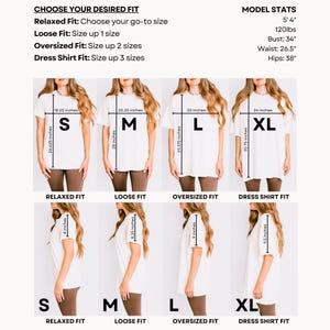 May include: White t-shirts in sizes S, M, L, and XL, displayed on models. The image includes text: "Choose Your Desired Fit" and "Relaxed Fit: Choose your go-to size." Measurements are provided in inches for each size, including bust, waist, and hips.