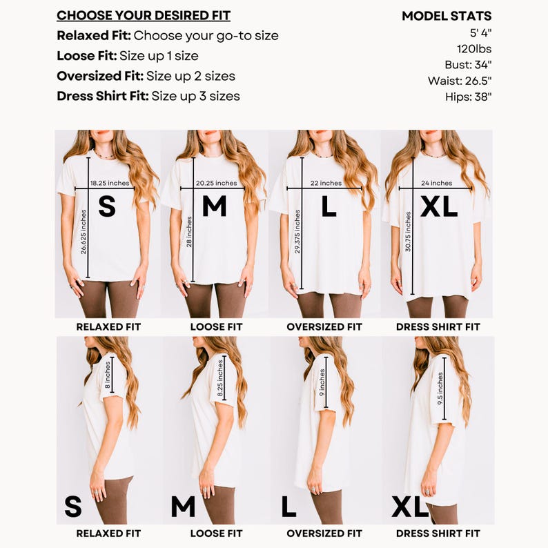May include: White t-shirts in sizes S, M, L, and XL, displayed on models. The image includes text: "Choose Your Desired Fit" and "Relaxed Fit: Choose your go-to size." Measurements are provided in inches for each size, including bust, waist, and hips.