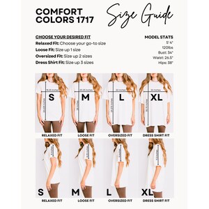 Pu&ograve; includere: Una guida alle taglie per le t-shirt Comfort Colors 1717. La guida mostra diverse vestibilit&agrave;: Relaxed, Loose, Oversized e Dress Shirt. Le misure sono in pollici. Sono incluse le statistiche del modello: 163 cm, 54 kg, Busto: 86 cm, Vita: 67 cm, Fianchi: 97 cm.